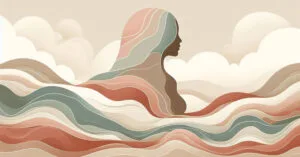 Artistic rendering of a woman's profile with energy waves representing the somatic flow of ejaculate in terracotta tones.