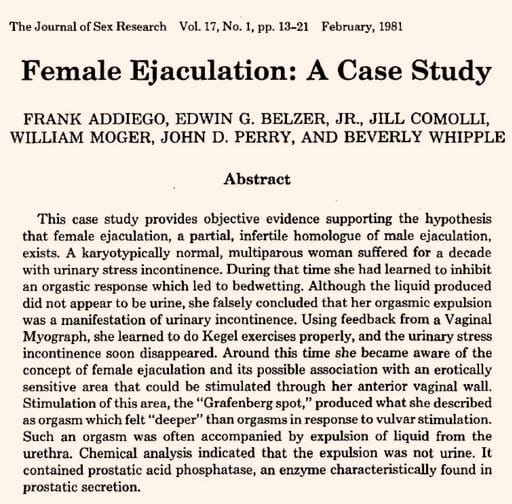 The original 1981 header for the Female Ejaculation case study by Addiego et al.