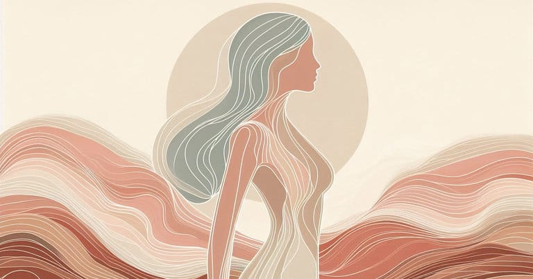 Artistic illustration of a female profile silhouette with energy waves in warm earth tones for a somatic study image.