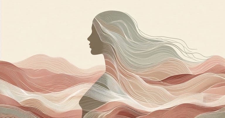 Artistic female profile silhouette merged with warm earthy organic waves, showing somatic energy flow during massage.