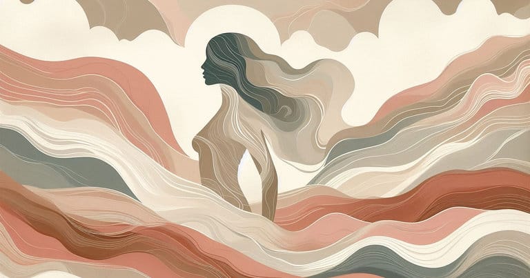 Artistic visual of a female profile silhouette with flowing energy waves in warm earth tones for somatic history.