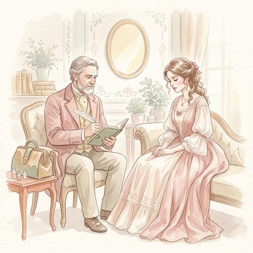 Pastel watercolor of a Victorian doctor taking notes while consulting a seated woman.
