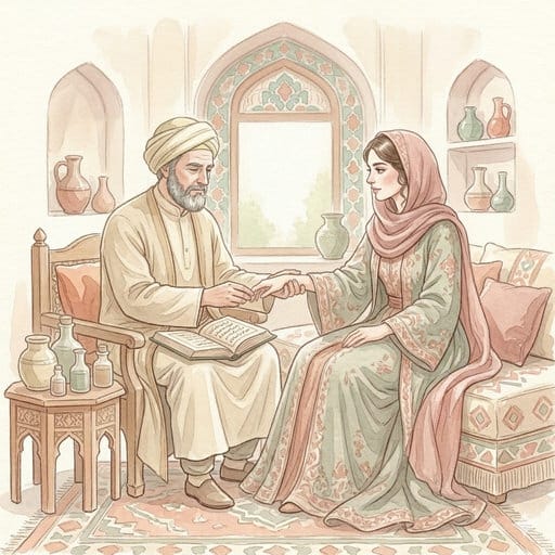 Watercolor of Avicenna and a Persian woman, highlighting the historical mind-body link in somatic care.