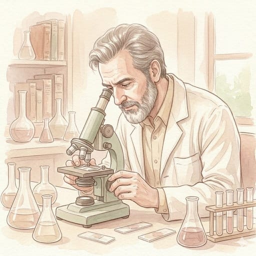 Watercolor of Dr. Milan Zaviacic using a microscope to study female prostate anatomy in a lab.