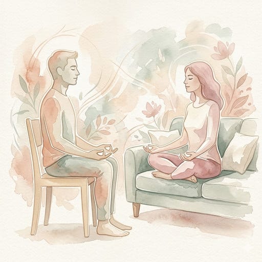 Watercolor illustration of a man on a chair and a woman on a sofa meditating together in soft earth tones.