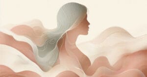 Minimalist female profile silhouette with flowing organic waves in warm earth tones, depicting somatic calm.