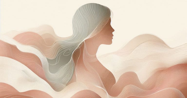 Minimalist female profile silhouette with flowing organic waves in warm earth tones, depicting somatic calm.