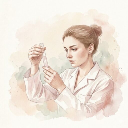 Watercolor of a female scientist in a white coat carefully examining a test tube with pink fluid.