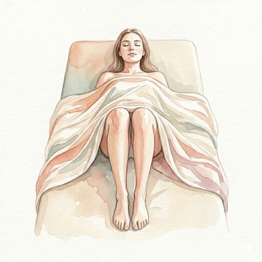 Watercolor of a woman lying flat on a massage table with bent knees, preparing for somatic tremor release.