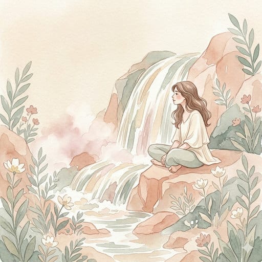 A serene watercolor depiction of a woman in reflection by a waterfall and flowing river.
