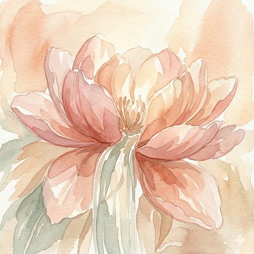 Soft watercolor illustration of a blooming flower in warm earth tones, with organic fluid lines.