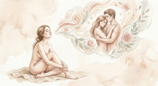 Watercolor depiction of a female silhouette and soft energy waves revealing an intimate fantasy in warm earth tones.