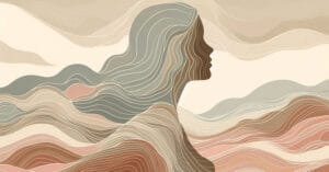 Delicate watercolor illustration of a female silhouette with glowing neural energy flows linking mind and body in earth tones.