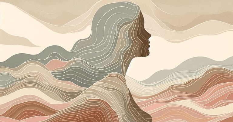 Delicate watercolor illustration of a female silhouette with glowing neural energy flows linking mind and body in earth tones.