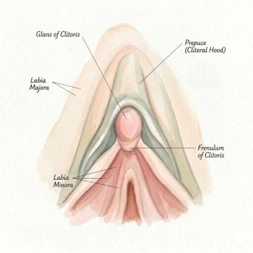 Artistic watercolor rendering of clitoral hood and frenulum anatomy with labels on a textured beige background.