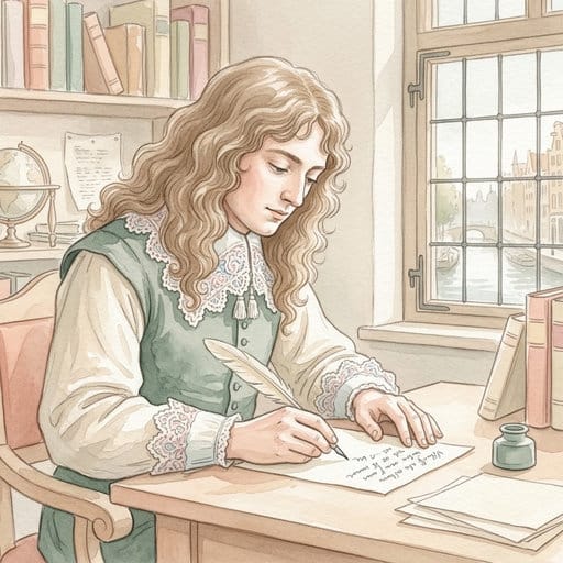 A young man with long hair writing with a quill at a desk, looking out a window.