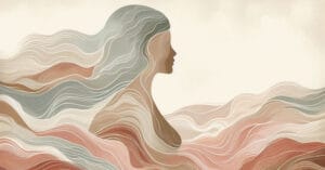 Artistic depiction of a female profile silhouette blending with organic energy waves in warm earth tones.