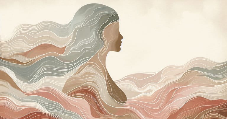 Artistic depiction of a female profile silhouette blending with organic energy waves in warm earth tones.