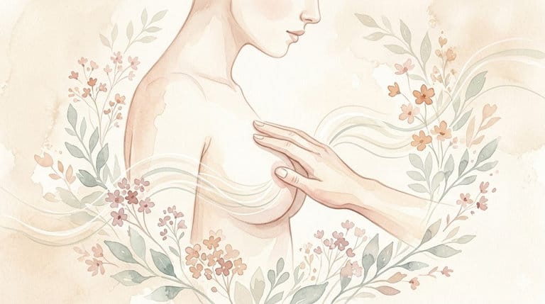 Watercolor visual of a female profile and chest touch with flowing energy waves in warm earth tones.