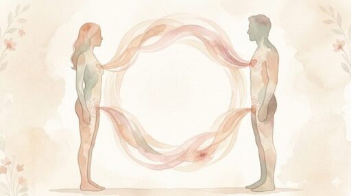 Watercolor male and female silhouettes connected by a flowing energy ring in warm pastel earth tones.
