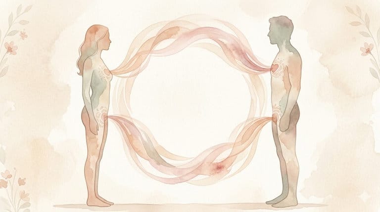 Watercolor male and female silhouettes connected by a flowing energy ring in warm pastel earth tones.