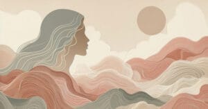 Artistic female profile silhouette with neural waves in earth tones showing chest to pelvis energy.