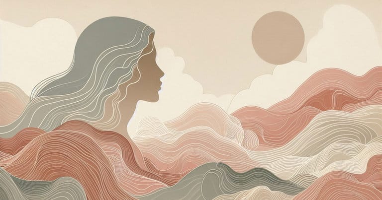 Artistic female profile silhouette with neural waves in earth tones showing chest to pelvis energy.