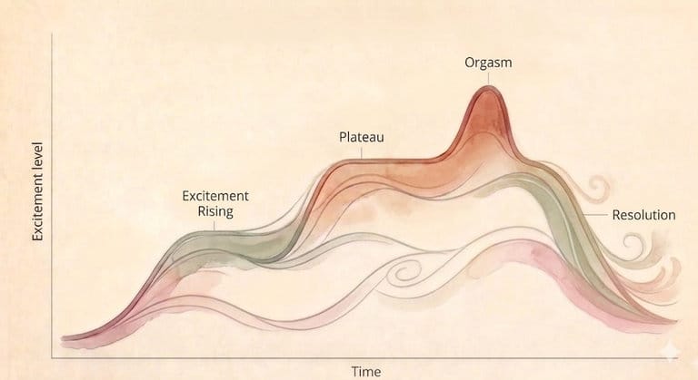 Artistic rendering of a standard arousal cycle with fluid wavy lines representing excitement, plateau, and orgasm.