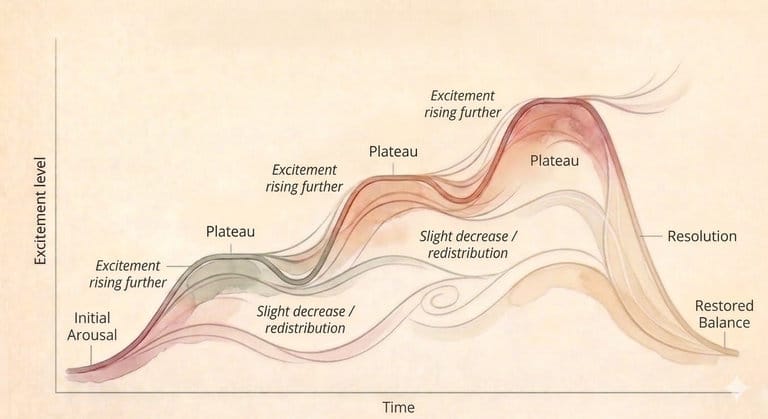Artistic watercolor graph illustrating a non-peak, wavy response cycle with staggered arousal stages and multiple distinct plateaus.