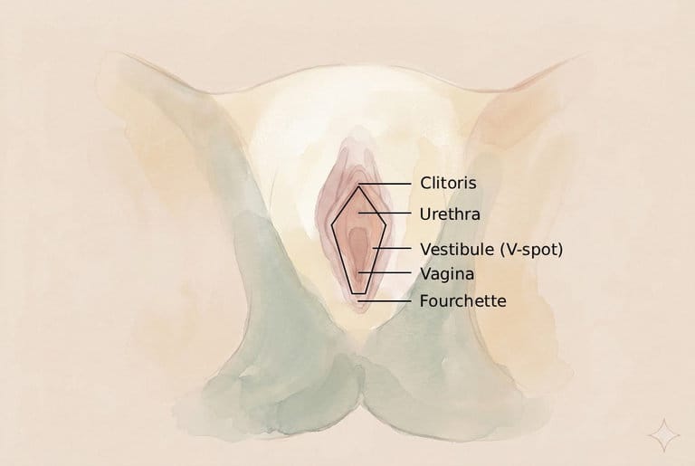 Artistic watercolor rendering of the V-spot anatomy with organic wavy lines and a black pentagon outline.