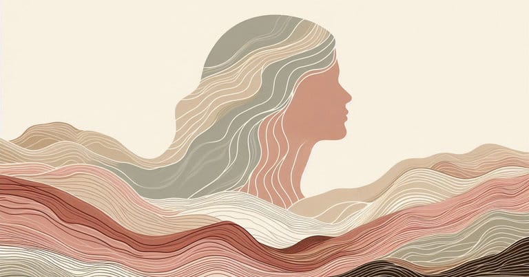 Artistic watercolor rendering of a female profile and energy flows highlighting the delicate V-spot area in warm earth tones.