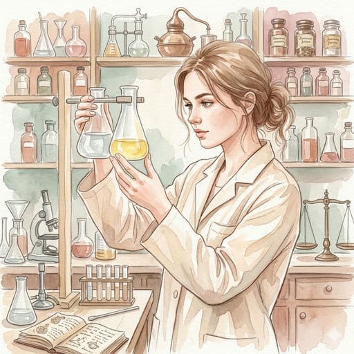 Watercolor illustration of a female scientist in a white coat examining flasks in an old laboratory filled with equipment.