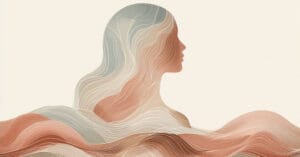 Abstract female profile with warm earth-toned flowing waves showing somatic release of fluids in yoni massage.