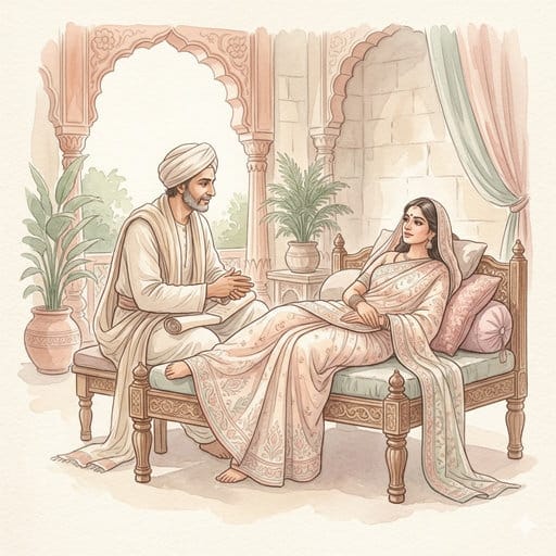 Watercolor painting of an ancient Indian scholar beside a woman on a couch, drawn in soft terracotta and sage pastels.