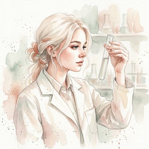 Watercolor painting of a blonde female scientist in a lab coat examining clear liquid in a test tube.