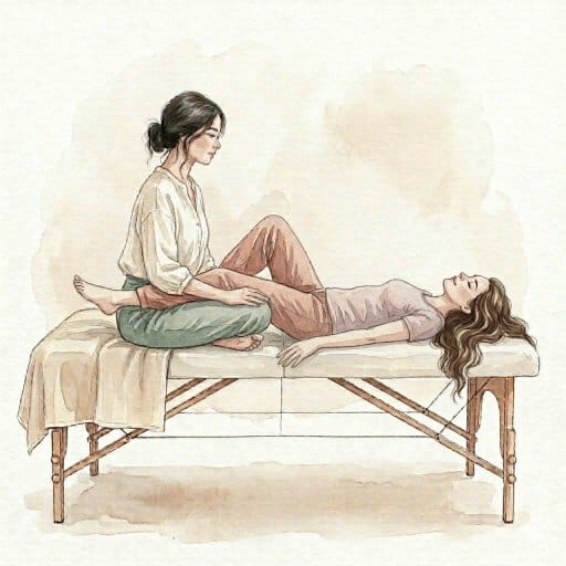 Delicate artistic rendering of a female profile therapist and relaxed client with flowing energy waves in earth tones.