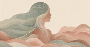Abstract female profile silhouette with warm earth-toned waves depicting a yoni massage sequence and somatic flow.