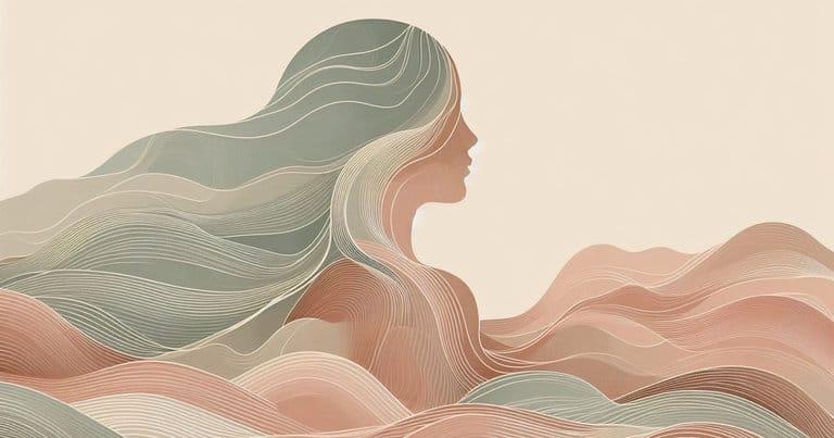 Abstract female profile silhouette with warm earth-toned waves depicting a yoni massage sequence and somatic flow.