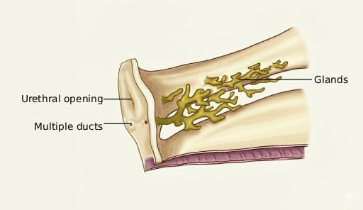 Watercolor anatomical illustration of Skene’s glands and urethral ducts with text labels.