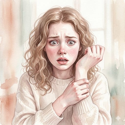 Watercolor illustration of a young woman with a panicked expression gripping her forearm.