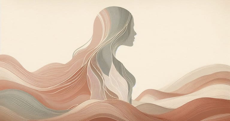 Soft earth-toned illustration of a female profile with organic flowing lines, depicting the body being mapped from the inside through conscious touch.