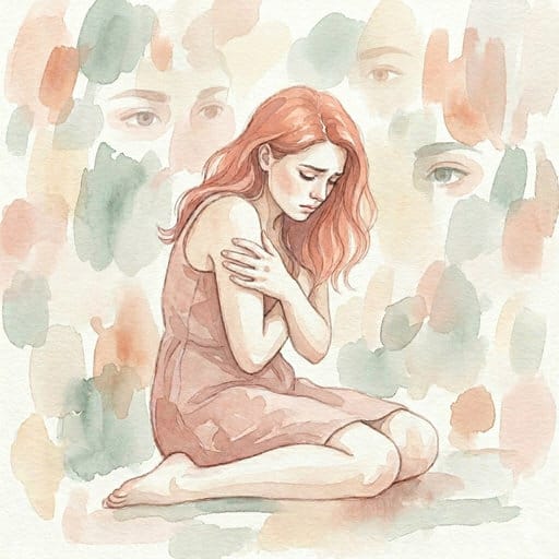Watercolor of a red-haired woman kneeling and hugging herself, faint eyes in abstract background.