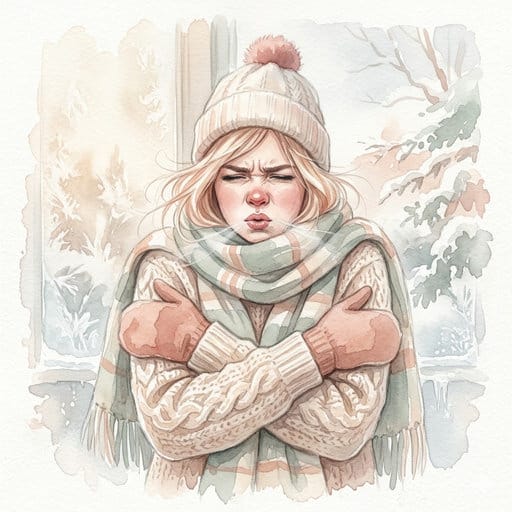 Shivering blonde woman in winter hat and scarf, face grimacing against extreme cold, frosty breath, watercolor.