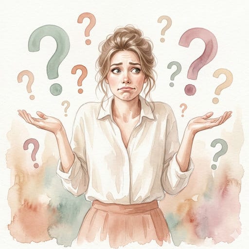 Watercolor drawing of a confused woman with colorful question marks in a soft pastel style.