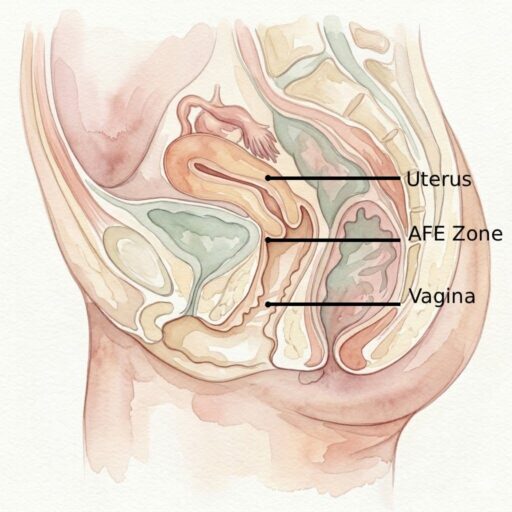 Watercolor cross-section diagram of the female pelvis, labeling the AFE Zone.