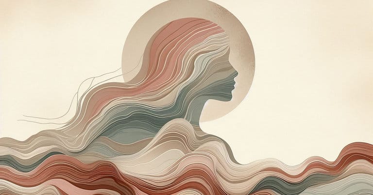 Abstract depiction of a female profile with warm organic flowing lines in earth tones, illustrating the discovery of the anterior fornix erogenous zone.