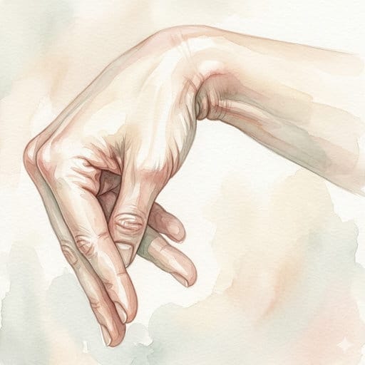 Watercolor painting of a human hand in a tight, downward carpopedal spasm, rendered in soft pastel tones.