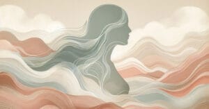 Abstract female profile with warm earth-toned flowing lines mapping areas of the body where emotion and breath meet during somatic practice.