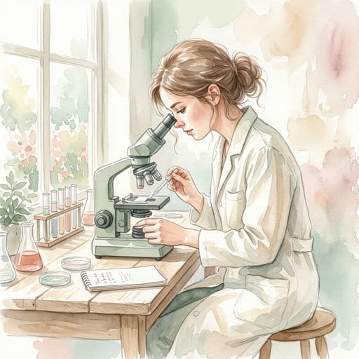 Watercolor art of a female scientist examining fluid under a microscope in soft pastel tones.