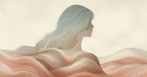 Artistic capture of a female profile blending with organic waves in warm earth tones showing body fluids.